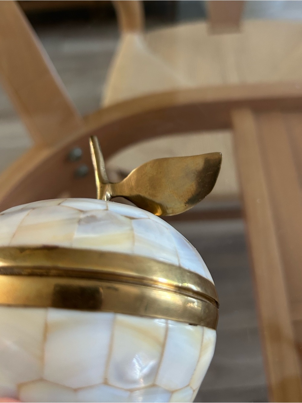 Decorative Mother of Pearl Apple Trinket Box with Brass Accents - Picture 7 of 16